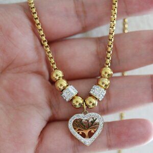 15mm Tree of Life Heart with Rhinestone Pendant Style Round Cable Chain Necklace